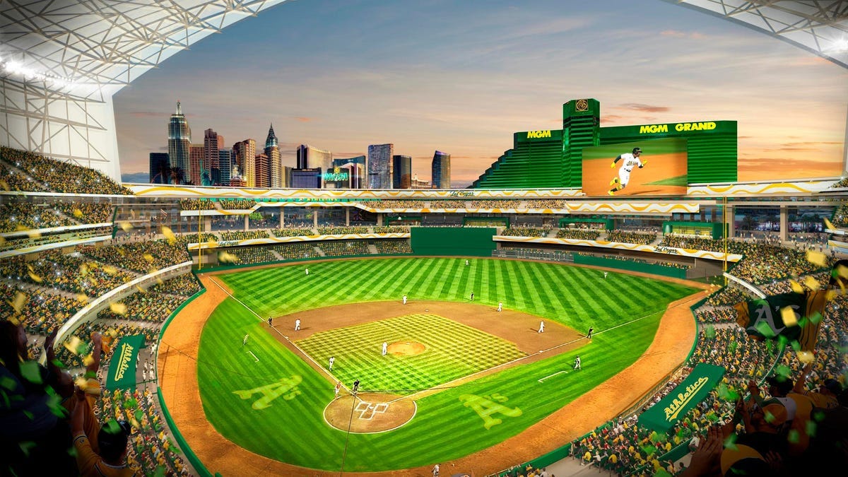 A rendering of the proposed new Oakland A's ballpark at the Tropicana site in Las Vegas.