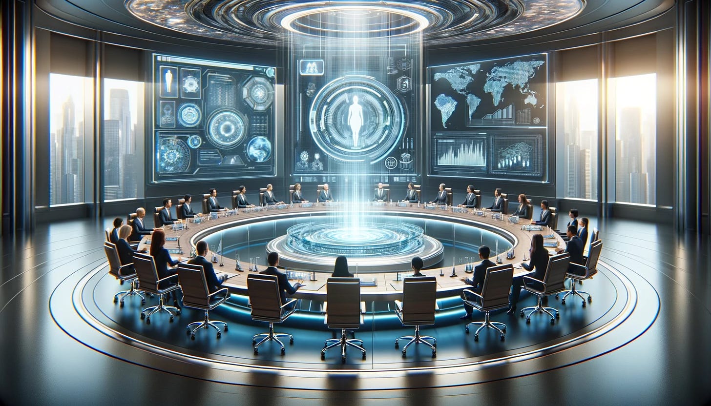 Here's the image depicting a futuristic government meeting room, integrating AI in their decision-making processes. The room features large digital screens, a round table with officials in discussion, and holographic projections. This visualizes the concept of government use of AI.