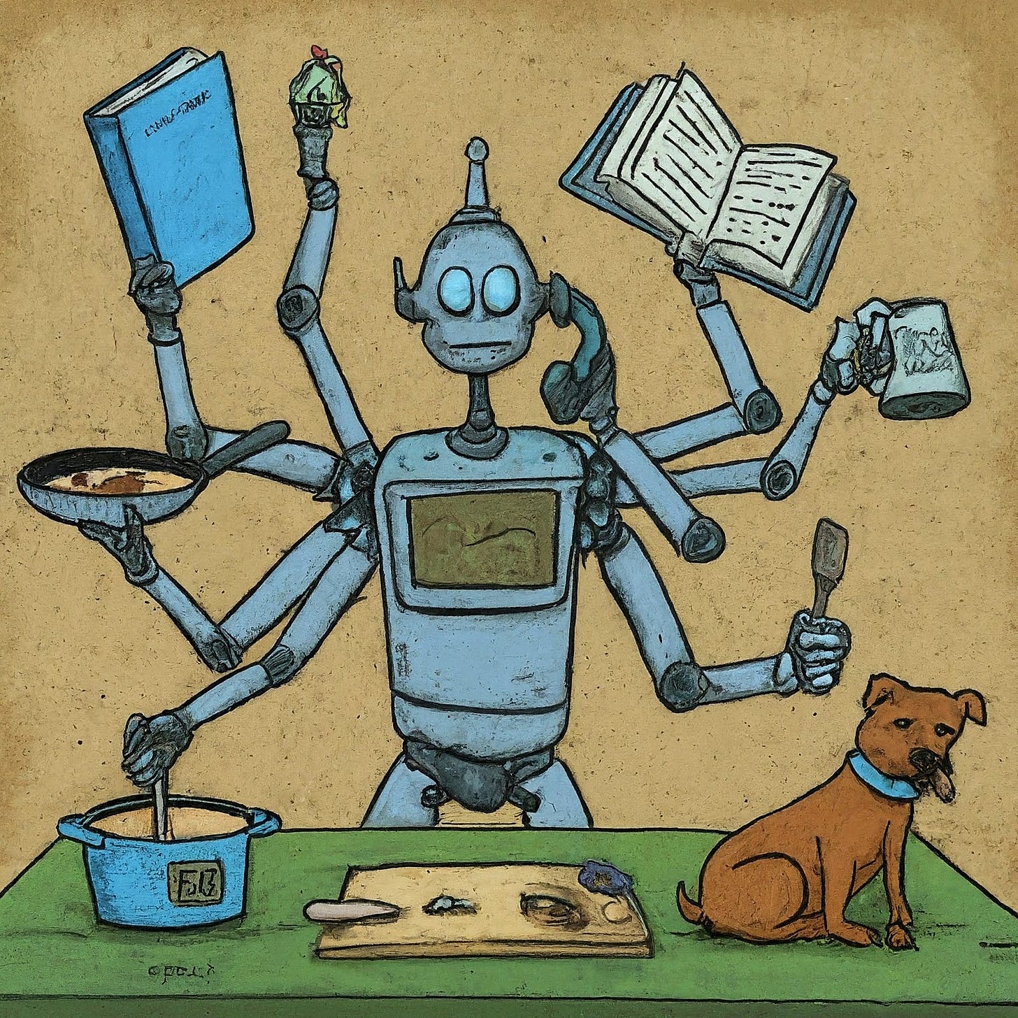 a cartoonish image of a robot multitasking between cooking, studying, reading, answering the phone, and taking care of pets