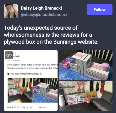 Toot from Daisy Leigh Brenecki: Today’s unexpected source of wholesomeness is the reviews for a plywood box on the Bunnings website.