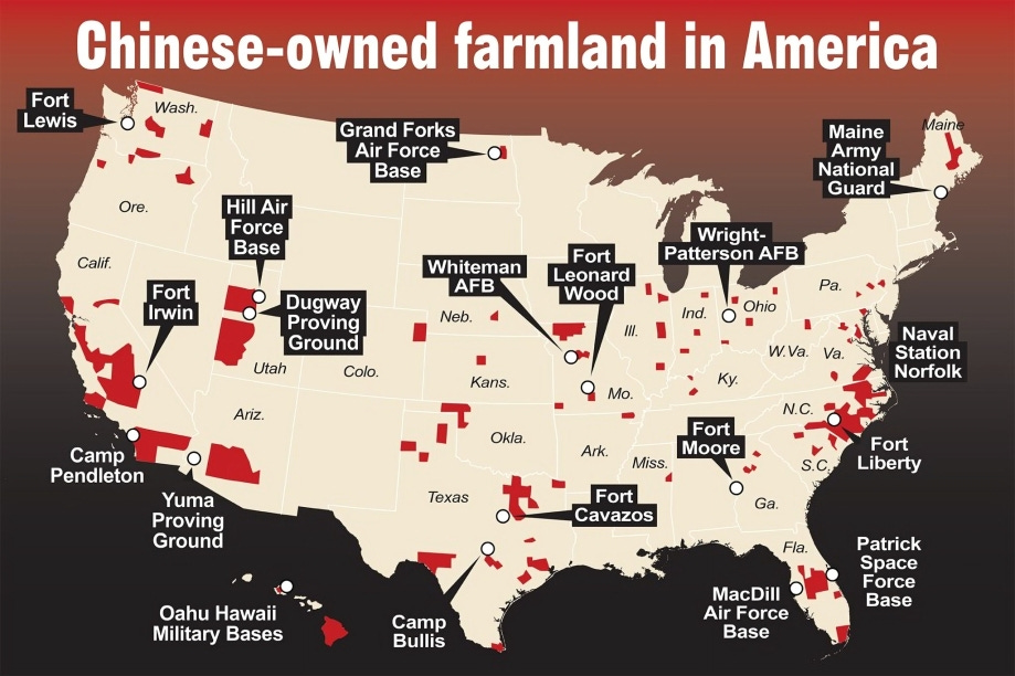 Map showing Chinese-owned farmland adjacent to US military bases across the USA, illustrating strategic land acquisitions near key defense locations.