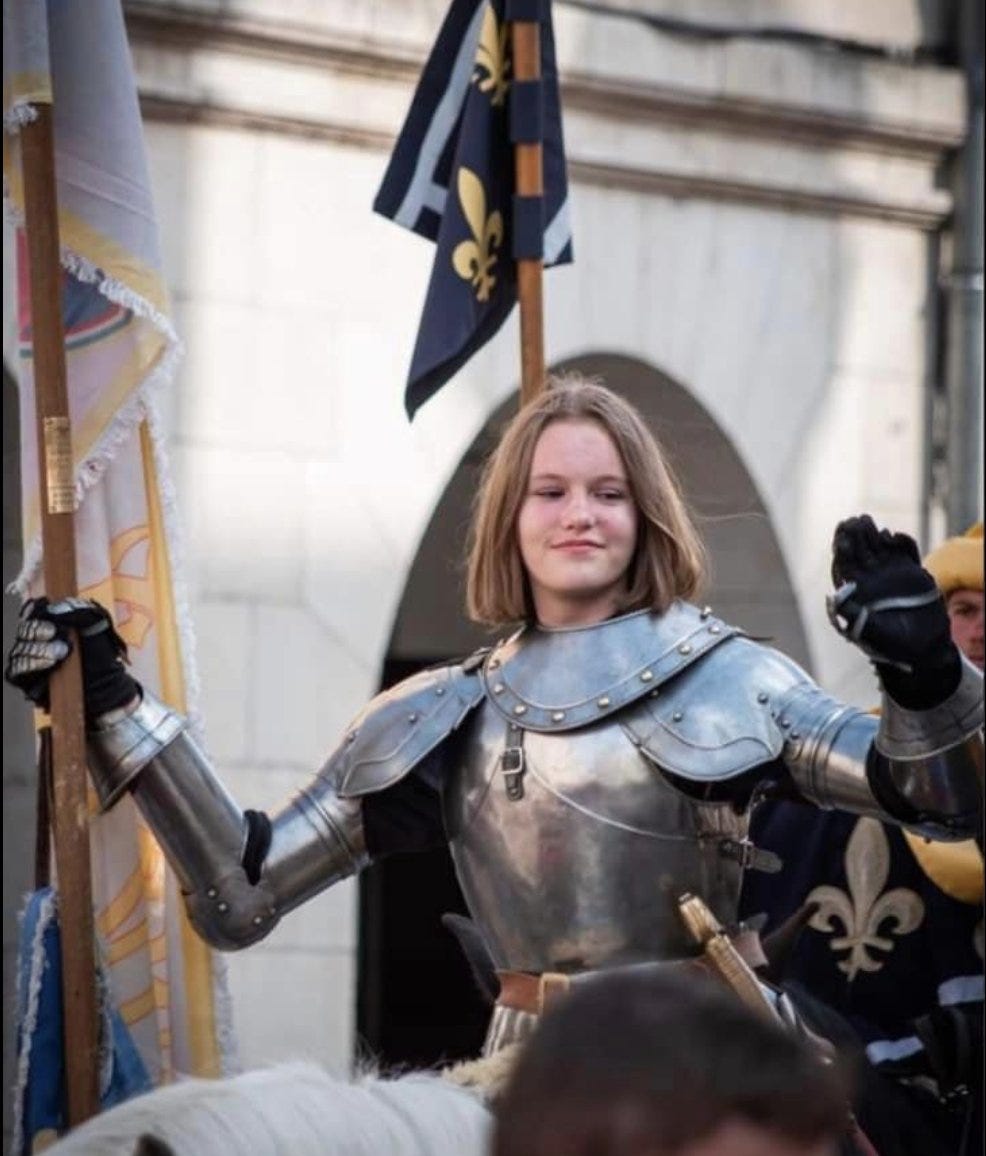 Nick Donnelly on X: "Another photo of Clotilde d'Arc, direct descendant of  Saint Joan of Arc's brother (Pierre d'Arc) dressed as the Saint for the  annual celebrations of the Siege of Orleans (