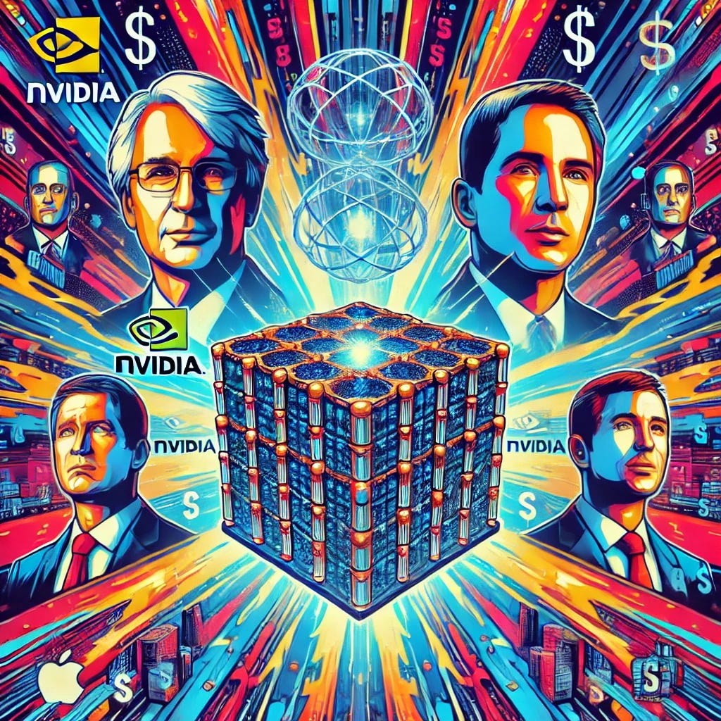 A bold pop-art style illustration depicting a futuristic quantum battlefield. A massive quantum computer stands at the center, surrounded by digital avatars of CEOs representing tech companies, including the Nvidia logo prominently displayed. Vibrant colors, dramatic lightning effects, and financial symbols scattered in the background. The scene conveys intense competition and technological dominance.