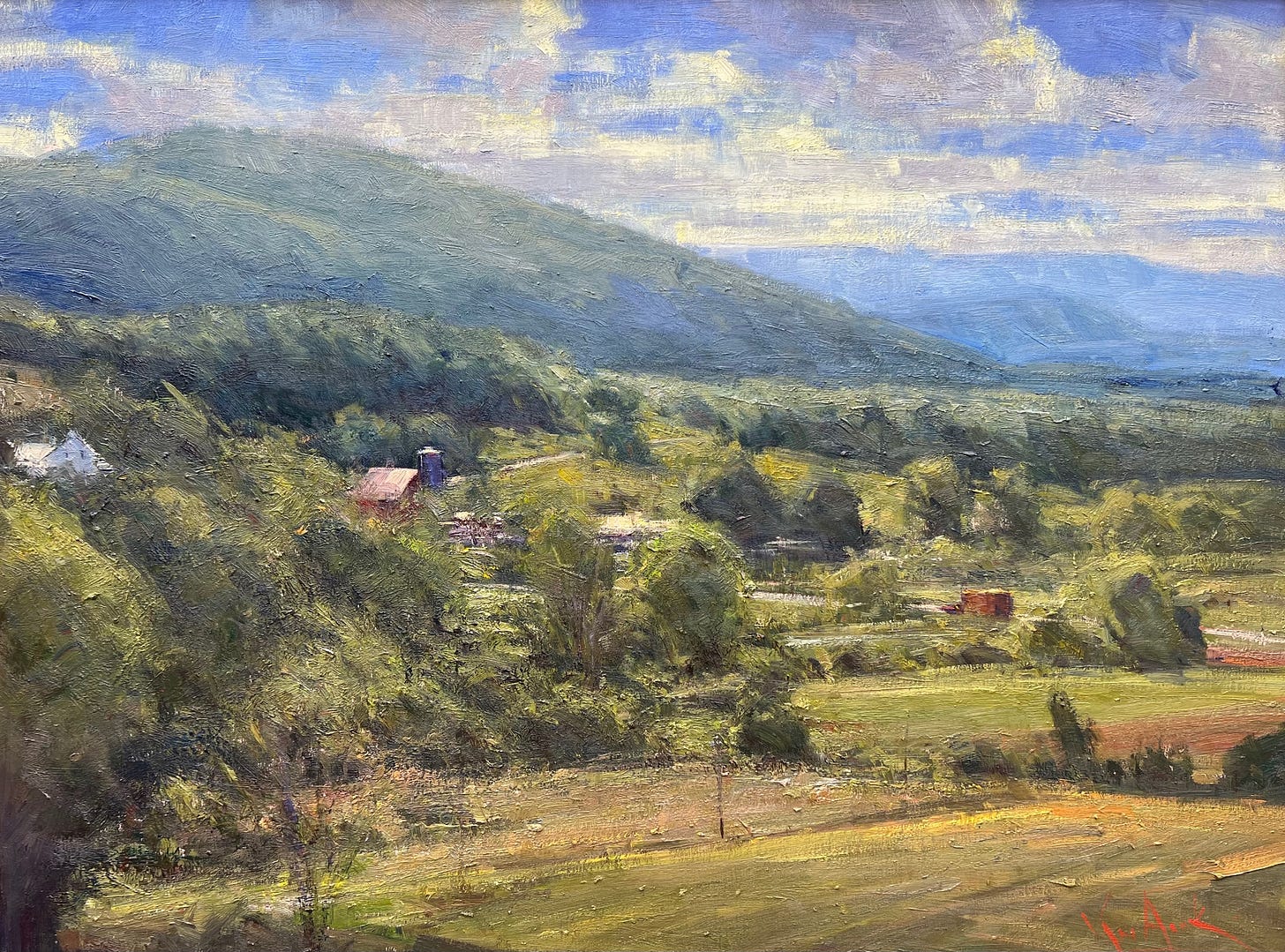 A painting of a landscape with a farm and hills

Description automatically generated