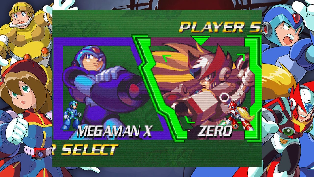 The player select screen for Mega Man X4, as seen in the Mega Man X Legacy Collection on the Switch. The background features the game's playable characters on the right, and their helper robots/enemy spies on the left.
