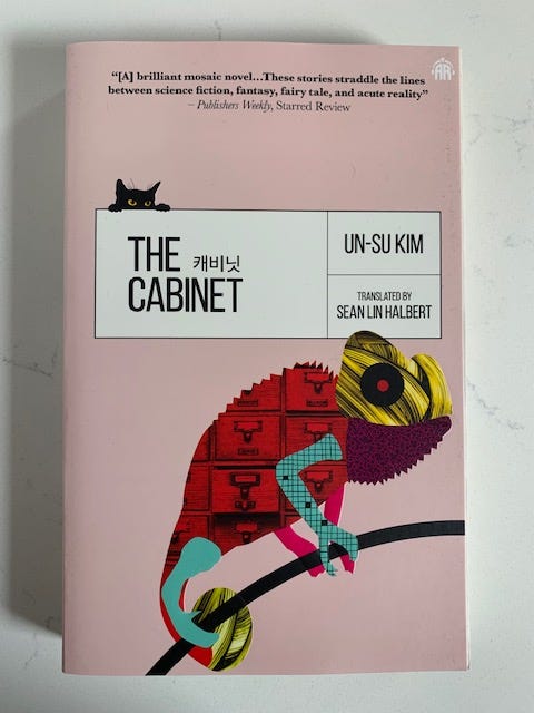 pink book cover of The Cabinet by Un-Su Kim has a black cat and multicolored chameleon