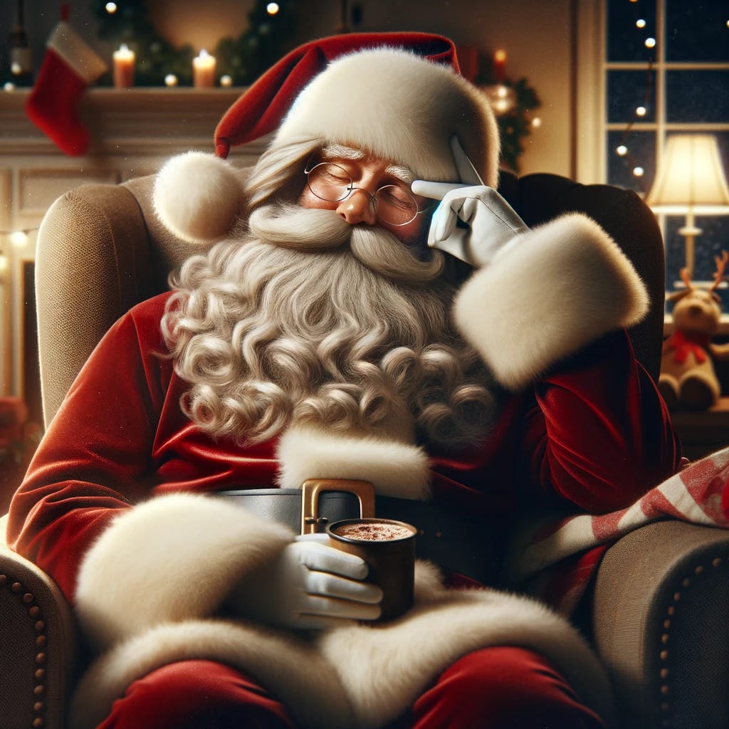 A tired Santa Claus sitting in a comfy armchair, with a long white beard and a red suit. He's wearing glasses, resting his head in one hand while holding a cup of hot cocoa in the other. His eyes are half-closed, and there's a gentle smile on his face. The room is warmly lit, with a fireplace in the background and stockings hung. A sleepy reindeer peeks in from the window, and there's a small pile of unwrapped gifts at Santa's feet.