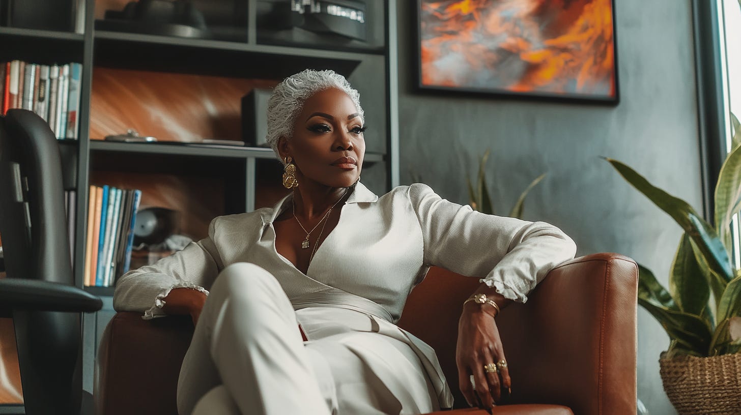 middle-aged blackasian woman, Black Marie Antoinette, sitting in a modern corner office, hyper realistic.