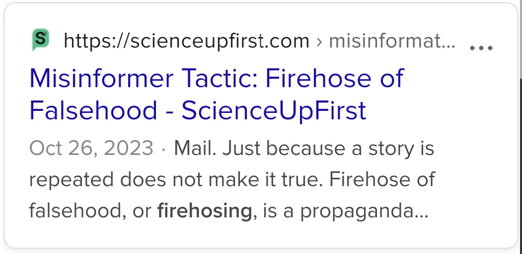 A screenshot of a search result from ScienceUpFirst titled "Misinformer Tactic: Firehose of Falsehood," dated October 26, 2023.