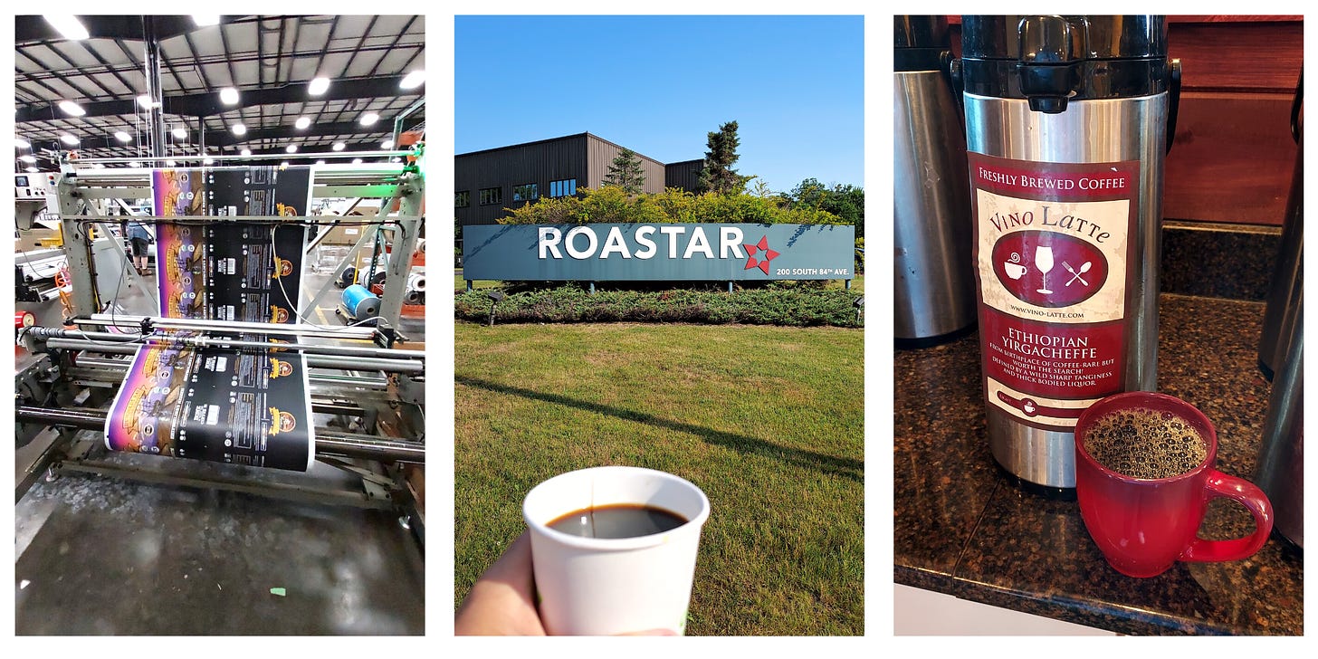 Three photos (left-right): Coffee bags printed sheets are being pulled through a press in a warehouse. The Roastar sign in front of their brown warehouse with a cup of coffee in a white togo cup in the foreground. A red mug of coffee on a speckled brown countertop next to a commercial coffee dispenser with a push lever.