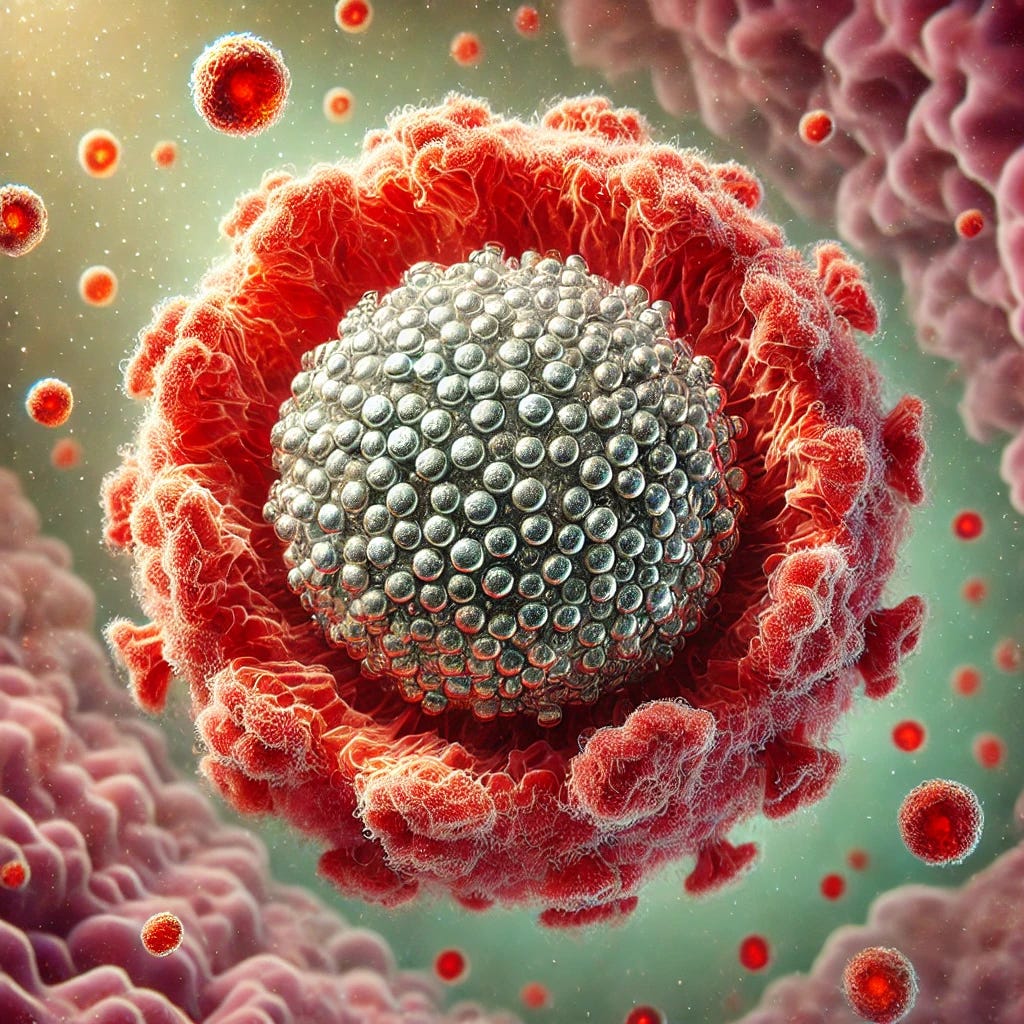 A detailed, scientific illustration of a T cell engulfing aluminum particles at a vaccine injection site. The T cell should be shown in vibrant red to signify its inflammatory response, with aluminum particles visible as small, distinct, metallic-looking specks inside the cell. The background should be a mix of soft, muted colors to highlight the T cell, suggesting a biological environment. This image should convey the concept of aluminum being transported by immune cells within the body.