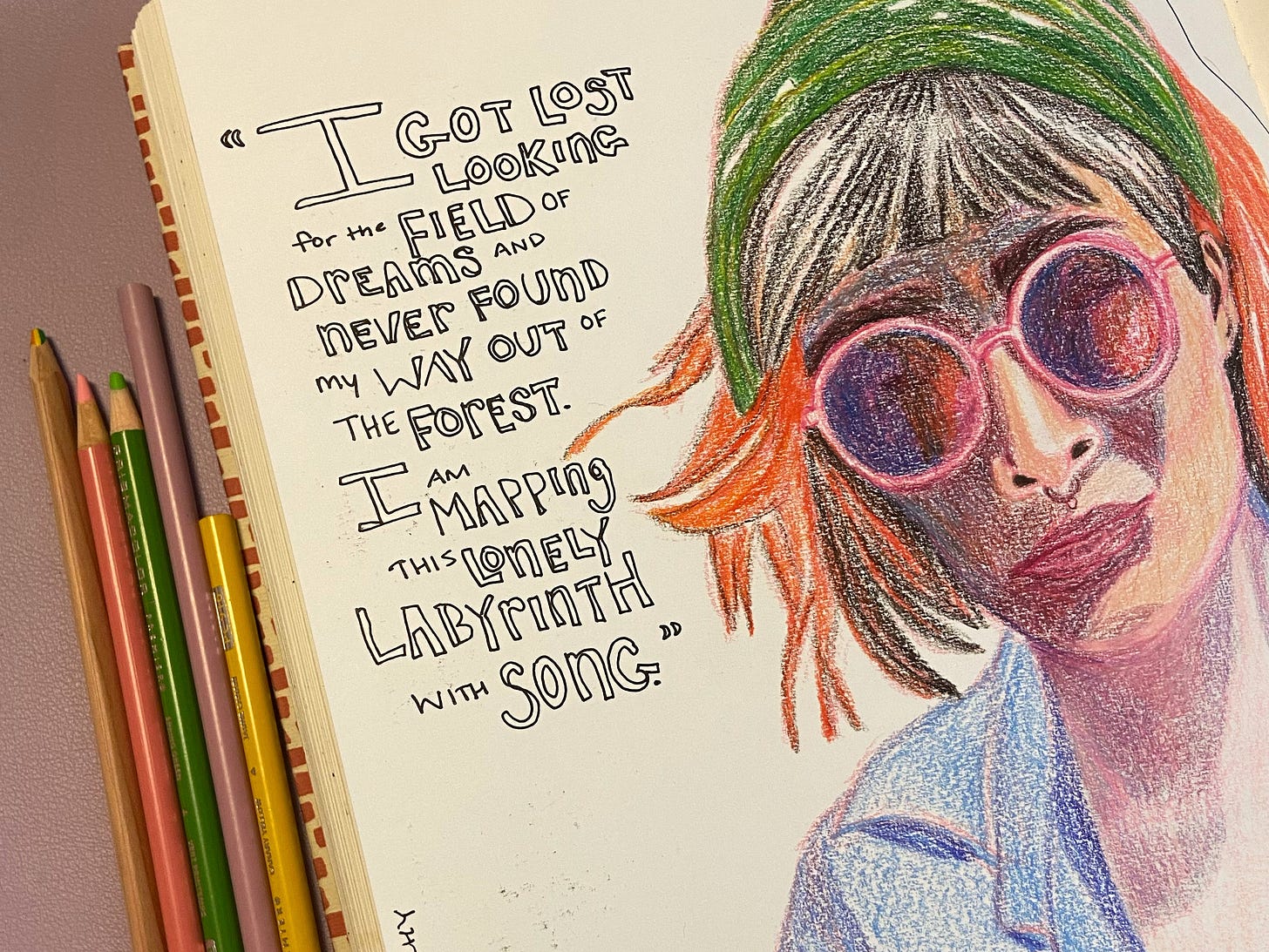 Illustrated journal page with a colored pencil portrait and a quote by  A Cowen