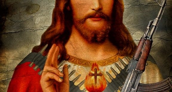 Jesus Hold and hanged himself to a cross for us, not to use guns and snatch  the bread from Poor.