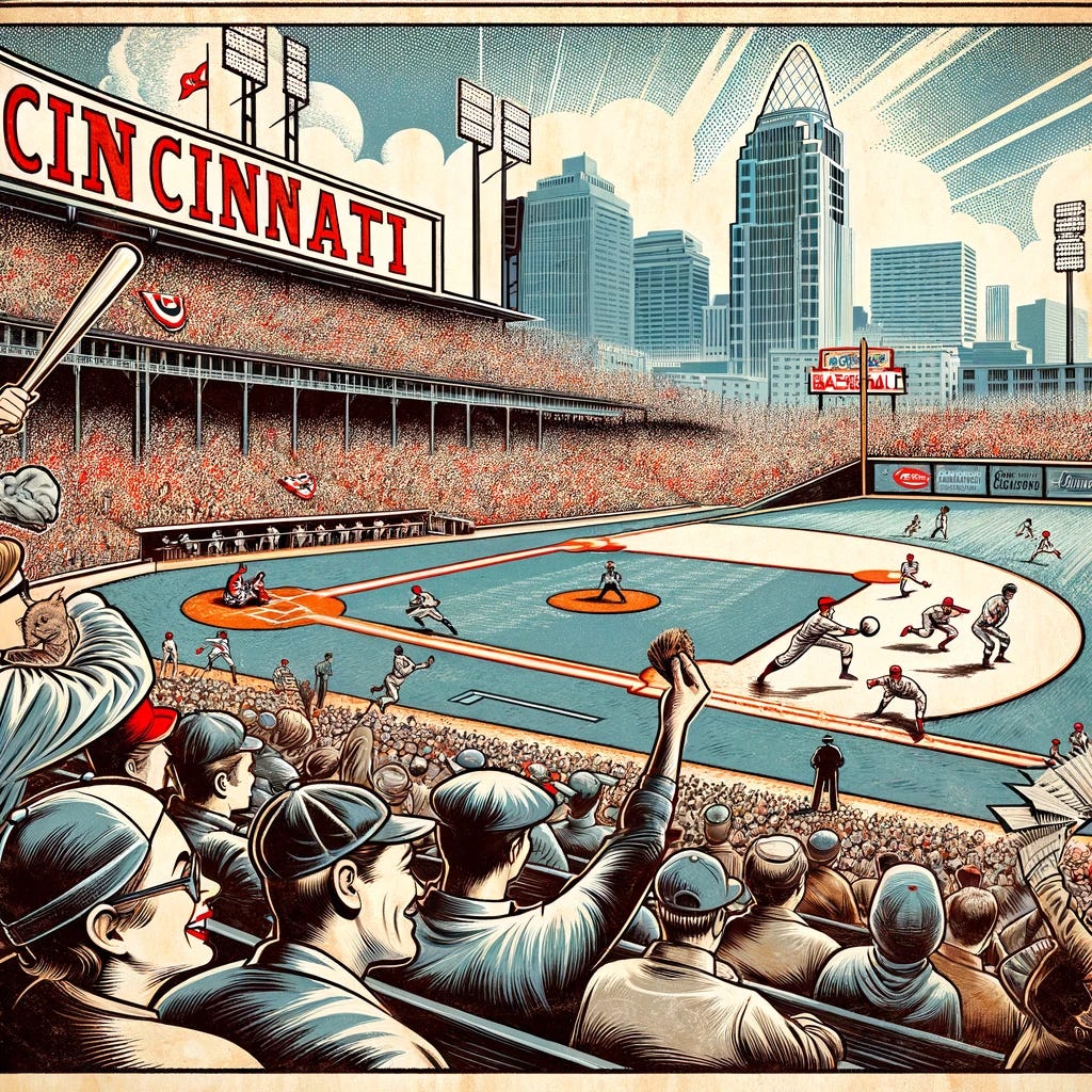An image depicting the spirit of Cincinnati baseball, filled with optimism and excitement for the upcoming season. The scene captures the essence of a bustling baseball stadium in Cincinnati, with fans wearing vintage attire, holding banners, and cheering enthusiastically. The field is pristine, the players are in mid-action, showcasing their skills with a sense of determination and team spirit. The background features a clear sky, symbolizing a bright future, and the iconic Cincinnati skyline is subtly integrated. This scene is rendered in the style of a 1950s newspaper comic strip, complete with halftone dots, bold outlines, and a monochrome color palette, evoking a sense of nostalgia and timeless hope for the team's success.