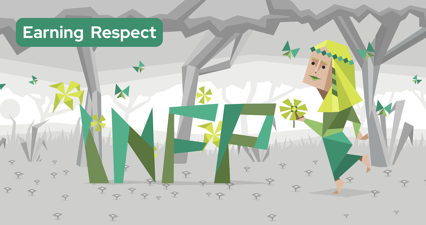 A whimsical female INFP wanders through a serene forest. She wears a vibrant green outfit and has long green hair. In her hand, she holds a pinwheel, while green butterflies flutter around her. To her left, the letters "INFP" are displayed prominently in green.