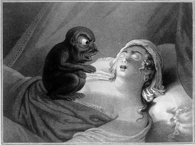 Engraving of a young woman asleep with a devil sitting on her chest, symbolising her nightmare