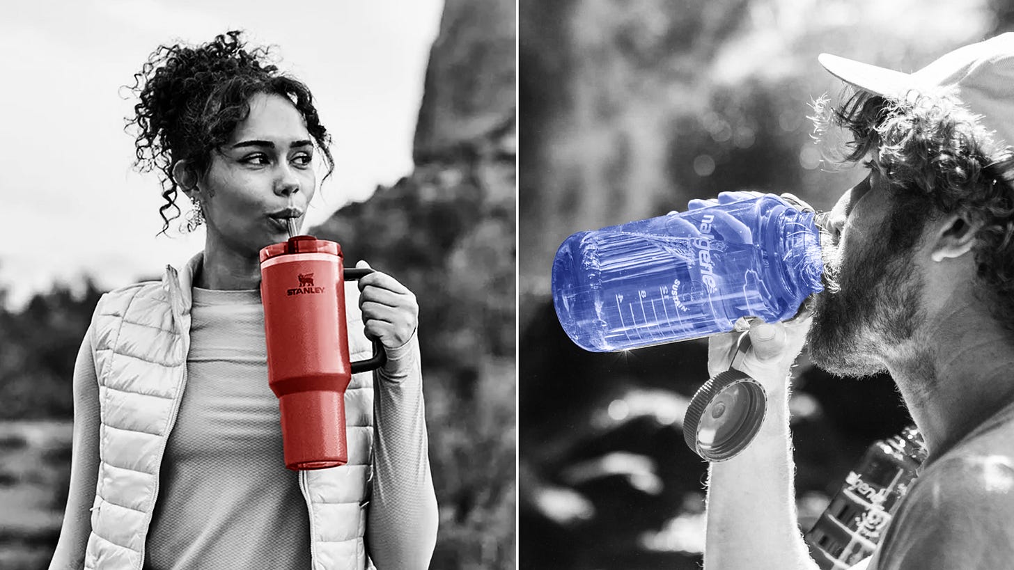 Photo of a woman drinking from a red Stanley mug and a man drinking from a blue Nalgene water bottle