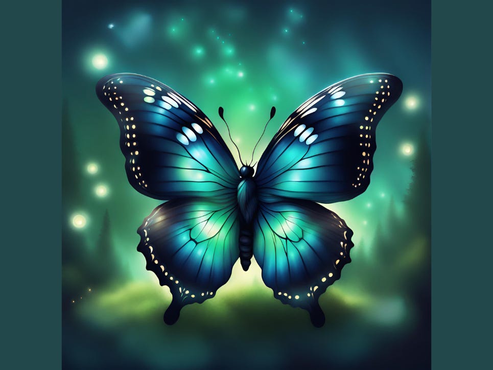 blue and black butterfly with green glow