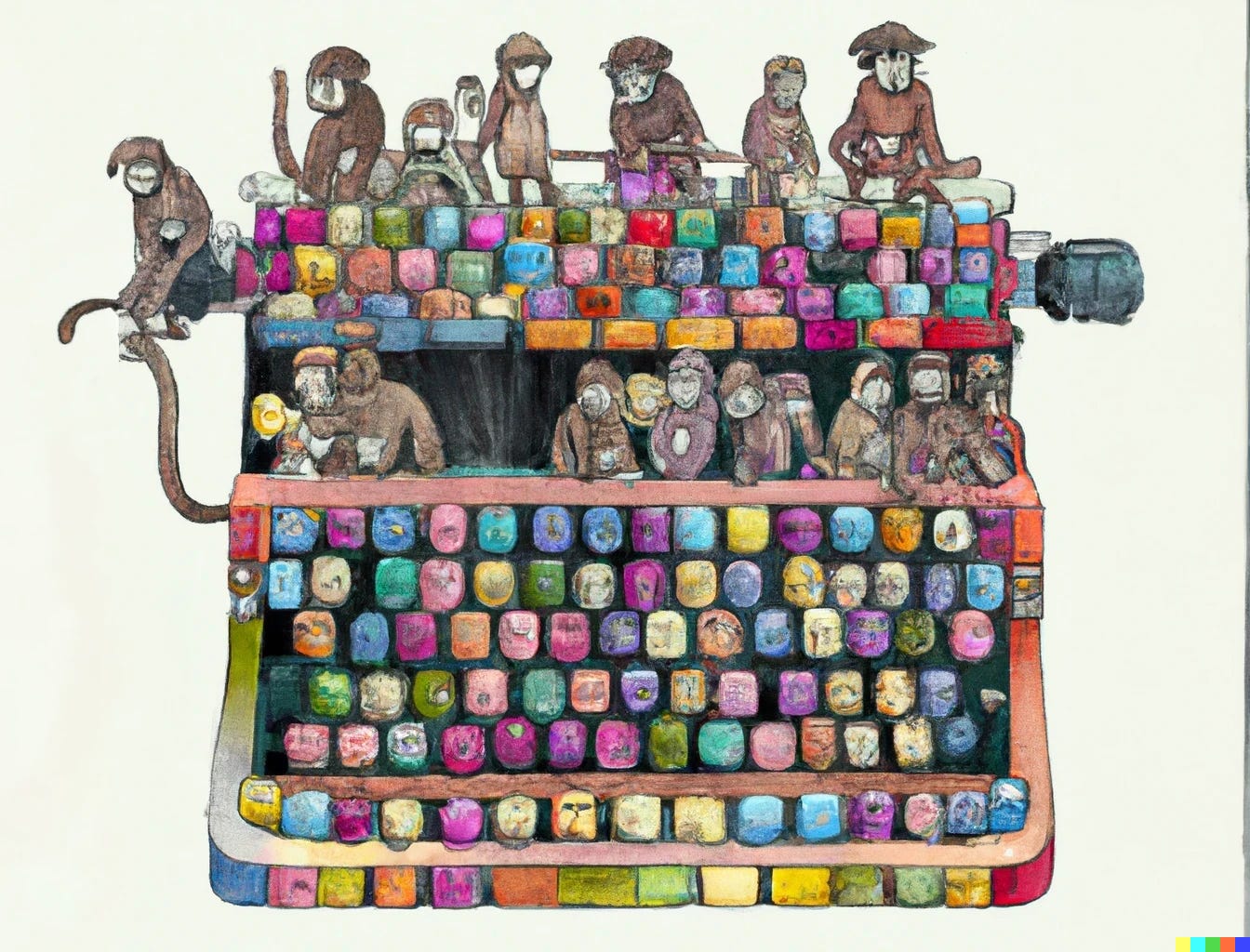Coloful painting of monkeys on a typewriter