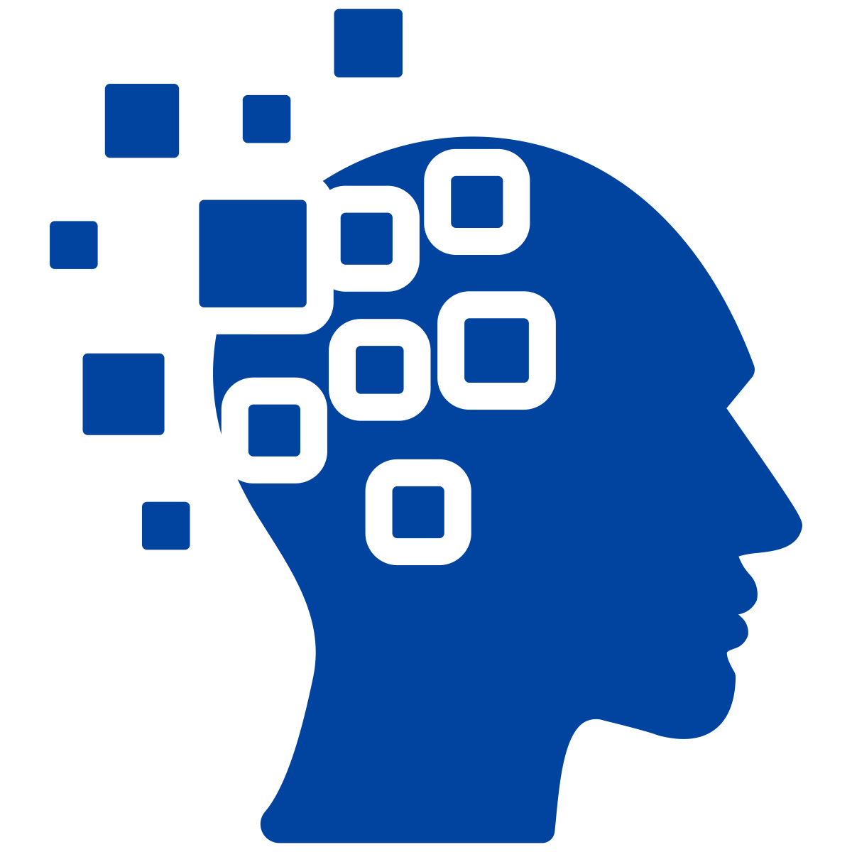 Blue human profile silhouette with digital data icons inside