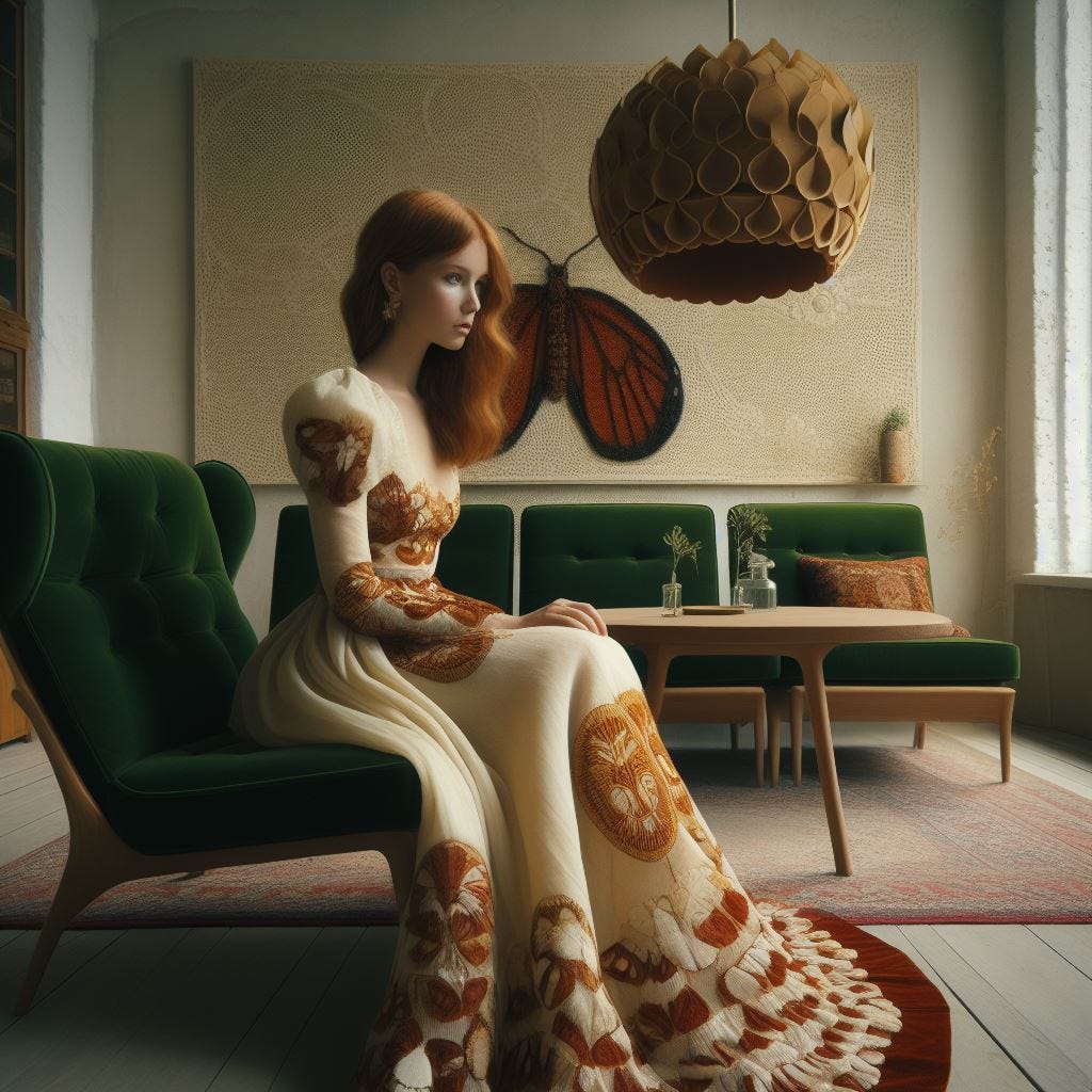 hyper realistic ;tiltshift; vast distance. red haired woman sitting on Scandinavian Design chair dress covered in deep green velvet mariposa . mong pattern dress is a cream color and light orange dress with a cream lace with a mono pattern embroidered on it. recycled leather by natalie dunham on wall. maia chandelier. inside of Thierry Lechanteur, 1968 