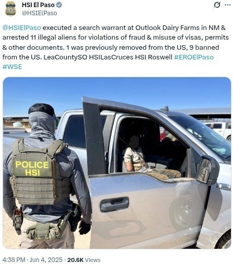 Immigration raids (like this one) of farms were halted the same day President Trump objected to them on TruthSocial.