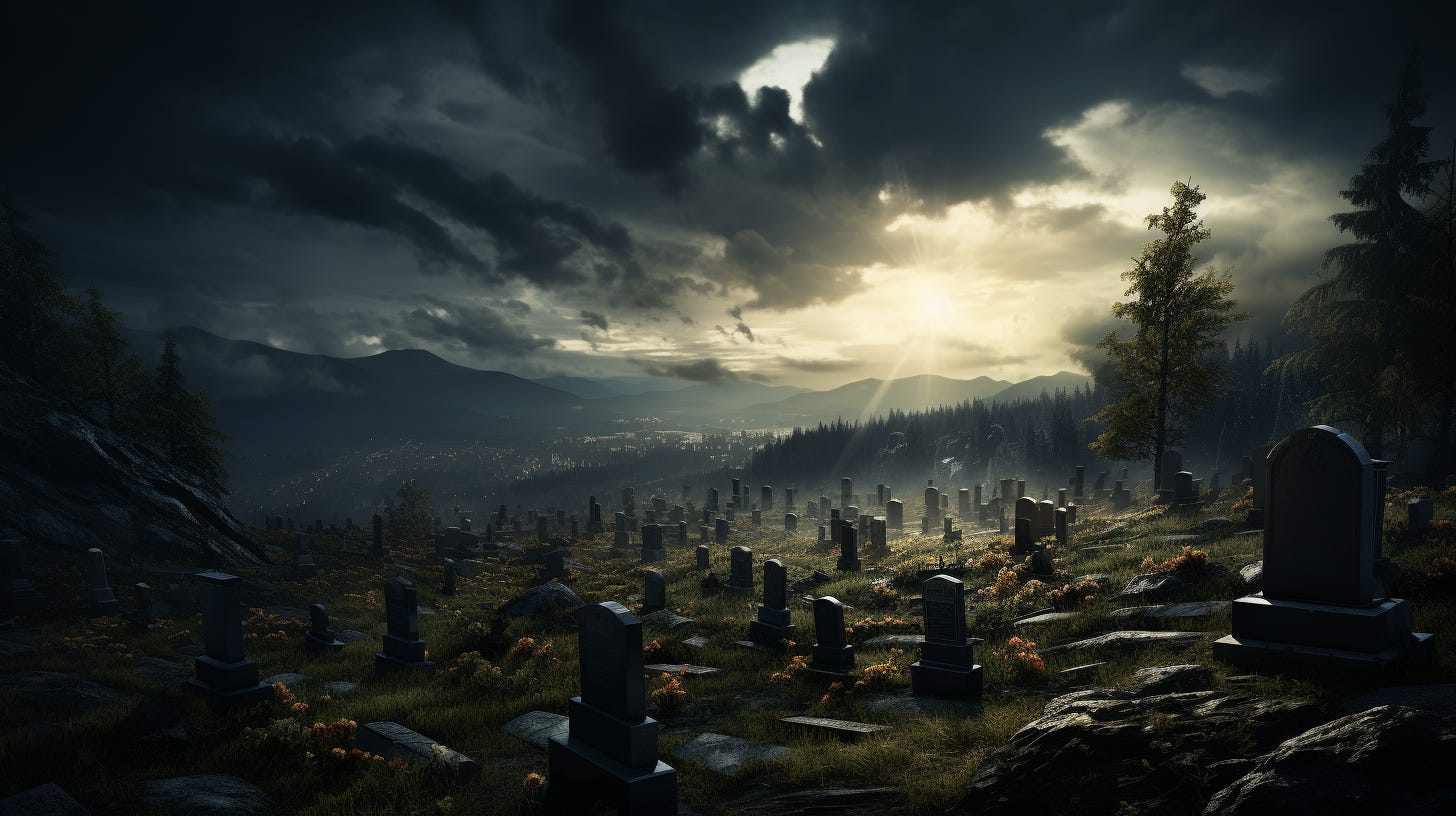 Picture of a tombstones on a hillside with dark clouds and town in the distance