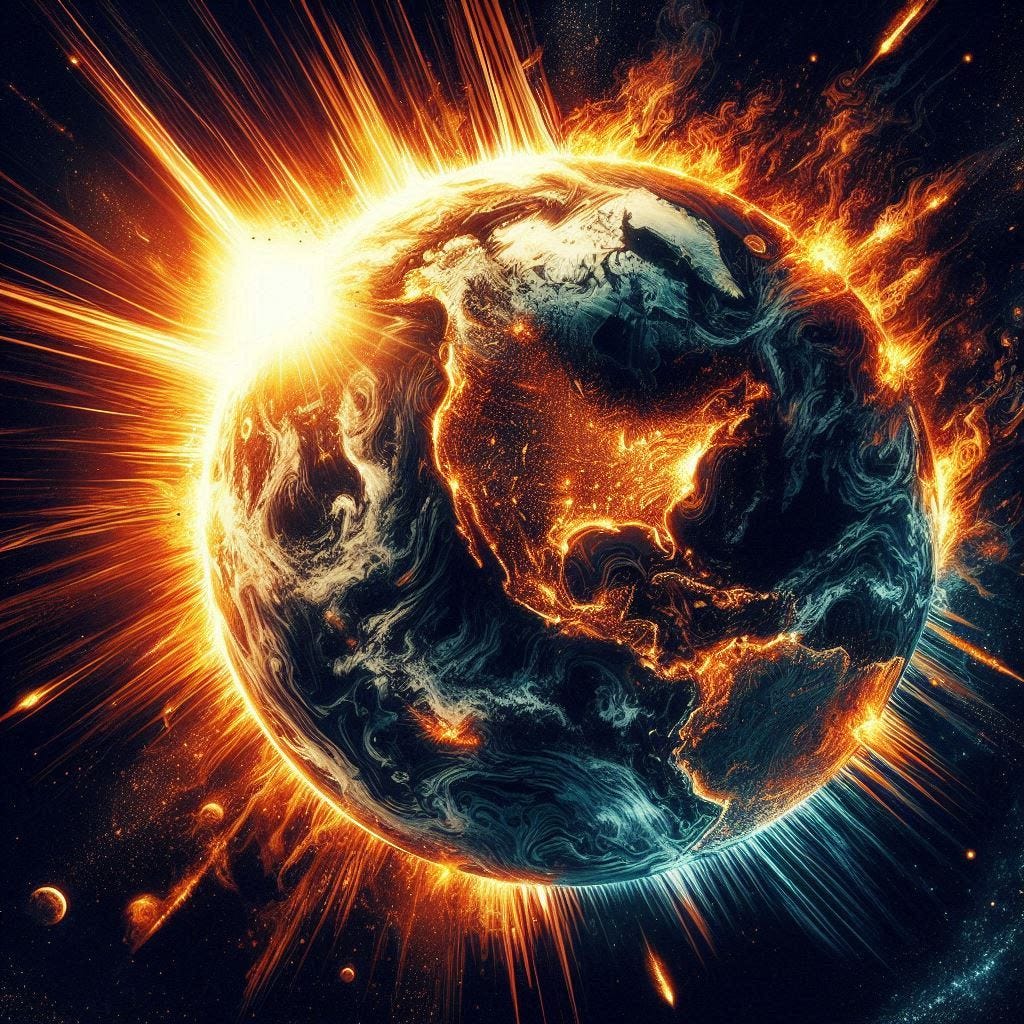 earth on fire, in space, solarpunk drawing