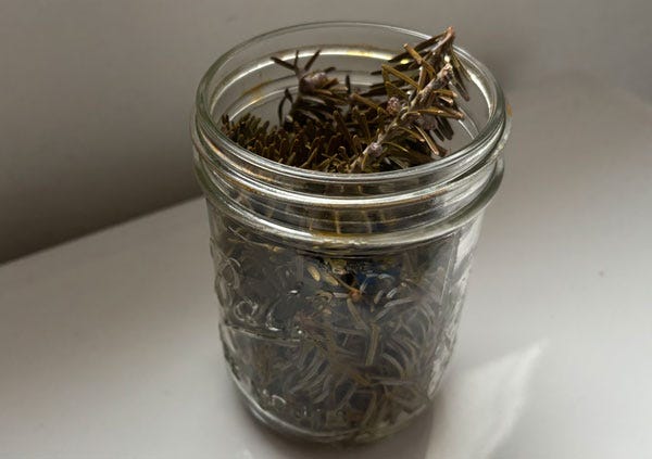 A glass jar without a lid is filled with evergreen needles and sits in a bathroom
