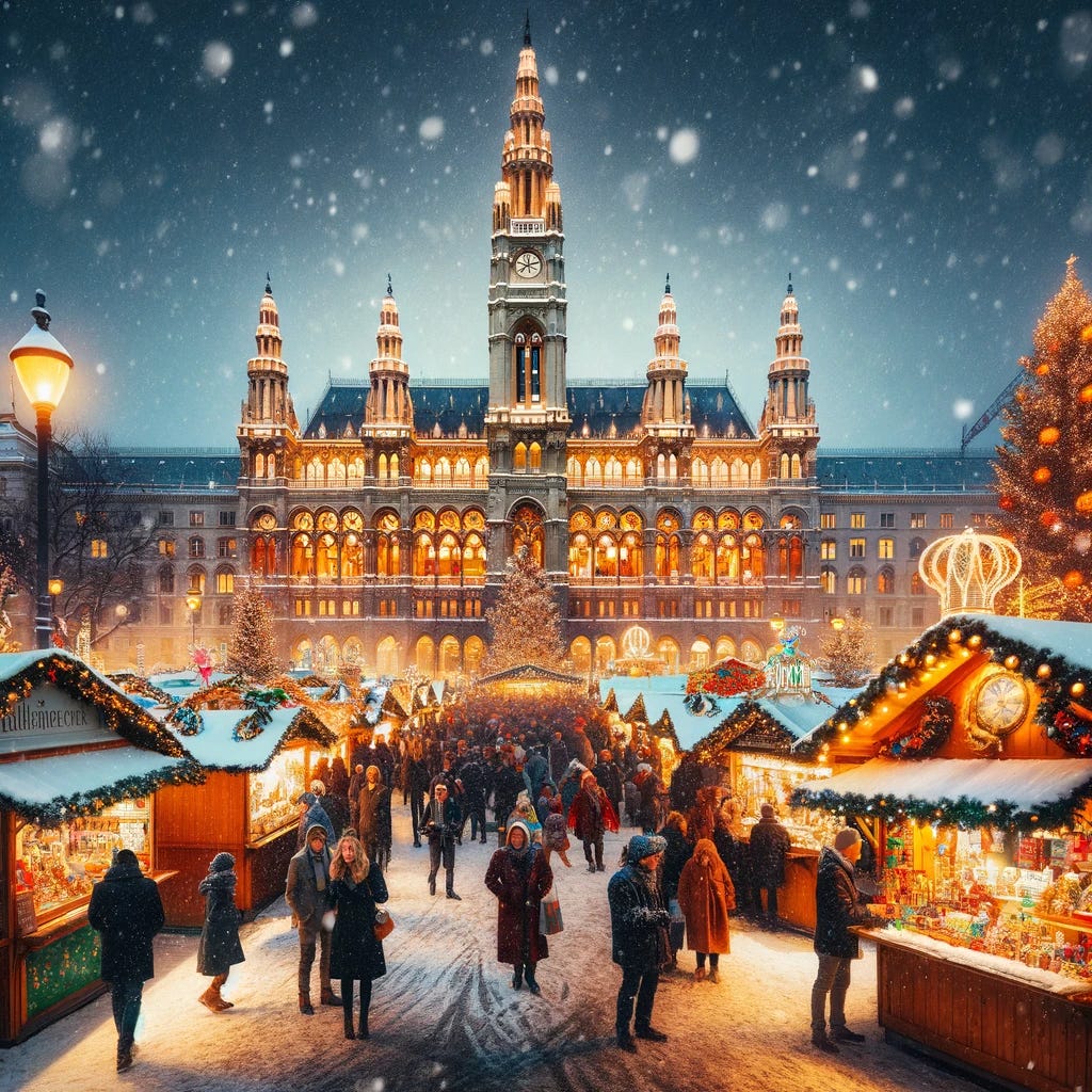 A festive Christmas market scene in the evening at Rathausplatz, Vienna. The iconic Rathaus (City Hall) is visible in the background, adorned with Christmas lights. Snow is gently falling, covering the market stalls and the ground. The stalls are decorated with colorful lights and traditional Christmas decorations. People are strolling through the market, wearing winter clothes. The atmosphere is lively and joyful, with the warm glow of lights against the snowy backdrop.