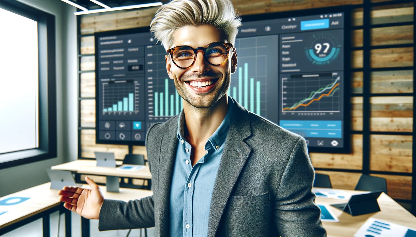 A vivid depiction of a young, early 30s accountant with platinum blonde hair and tortoise shell glasses, exuding joy and engagement as he teaches. He stands confidently, with a broad smile, in front of an interactive display, showcasing financial software to his audience. The atmosphere is energetic and positive, reflecting his passion for teaching and his expertise in the subject matter. His smart-casual attire adds to his approachable and dynamic educator persona. The seminar room is equipped with state-of-the-art technology, emphasizing a lively and enthusiastic educational experience.