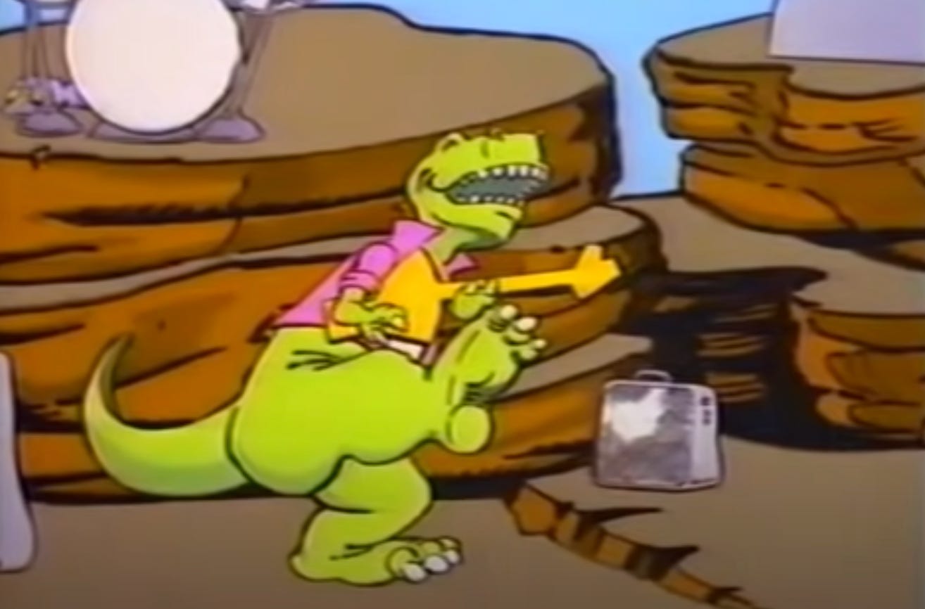 Rocking out cartoon dinosaur (still frame from film)