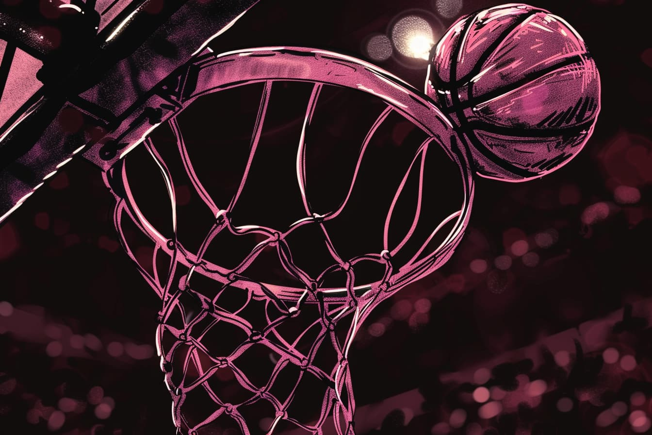 graphic novel illustration of A basketball swishing through the net