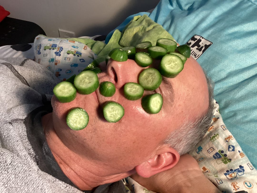 Faux Jean getting a facial with real cucumbers