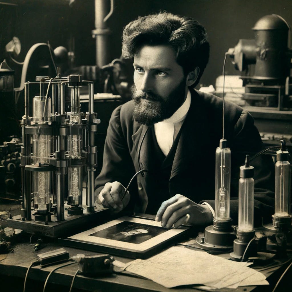 Wilhelm Röntgen in a late 19th-century laboratory, intensely focused on working with X-rays. He has dark hair and a full beard, adjusting cathode ray tubes and examining an X-ray plate. The lab is filled with scientific equipment like electrical generators and measuring instruments, typical of the period. The atmosphere is dim and historical, with papers scattered around. Röntgen is dressed in late 19th-century academic attire, emphasizing the historical context of his work.