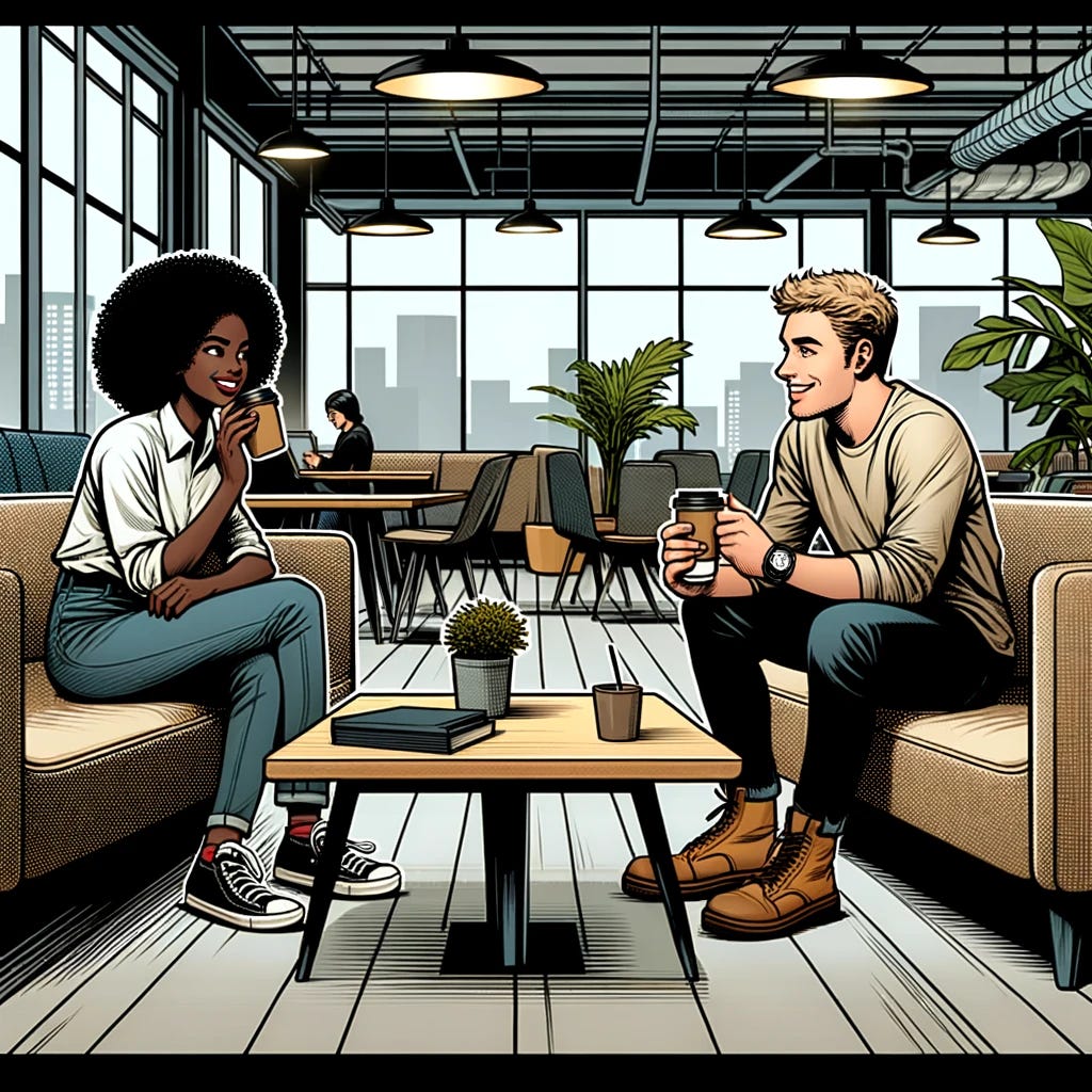 Image in the style of a single-panel comic strip, depicting two colleagues having a 1:1 meeting over coffee in a tech-company office with a city skyline outside the cafe-area windows.