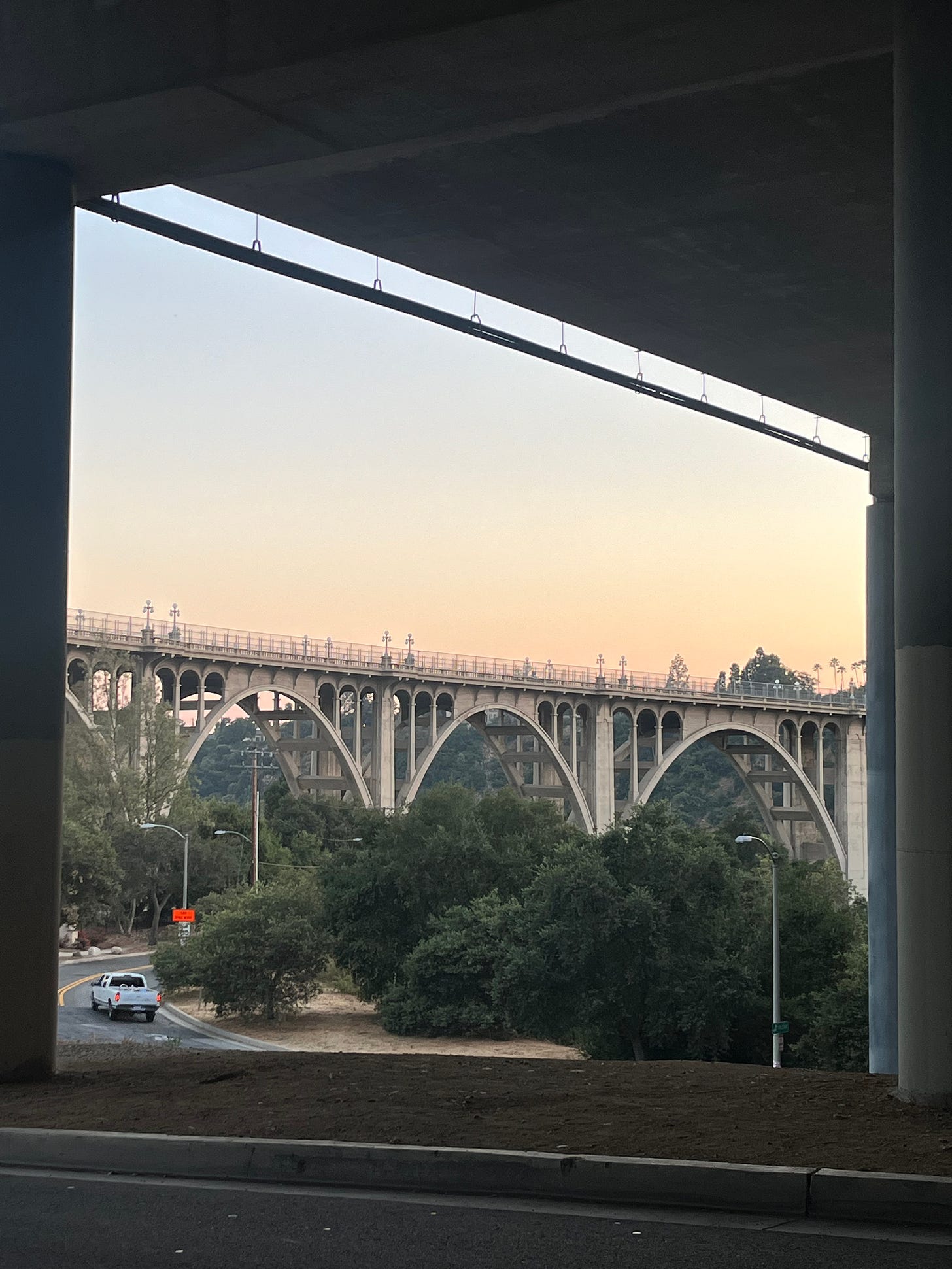 View of the Colorado Street Bridge at sunset.