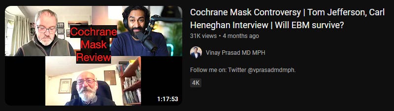 screenshot from vinay prasad's youtube of Vinay Prasad hosting Cochrane authors Jefferson and Heneghan asking "Will EBM Survive?"