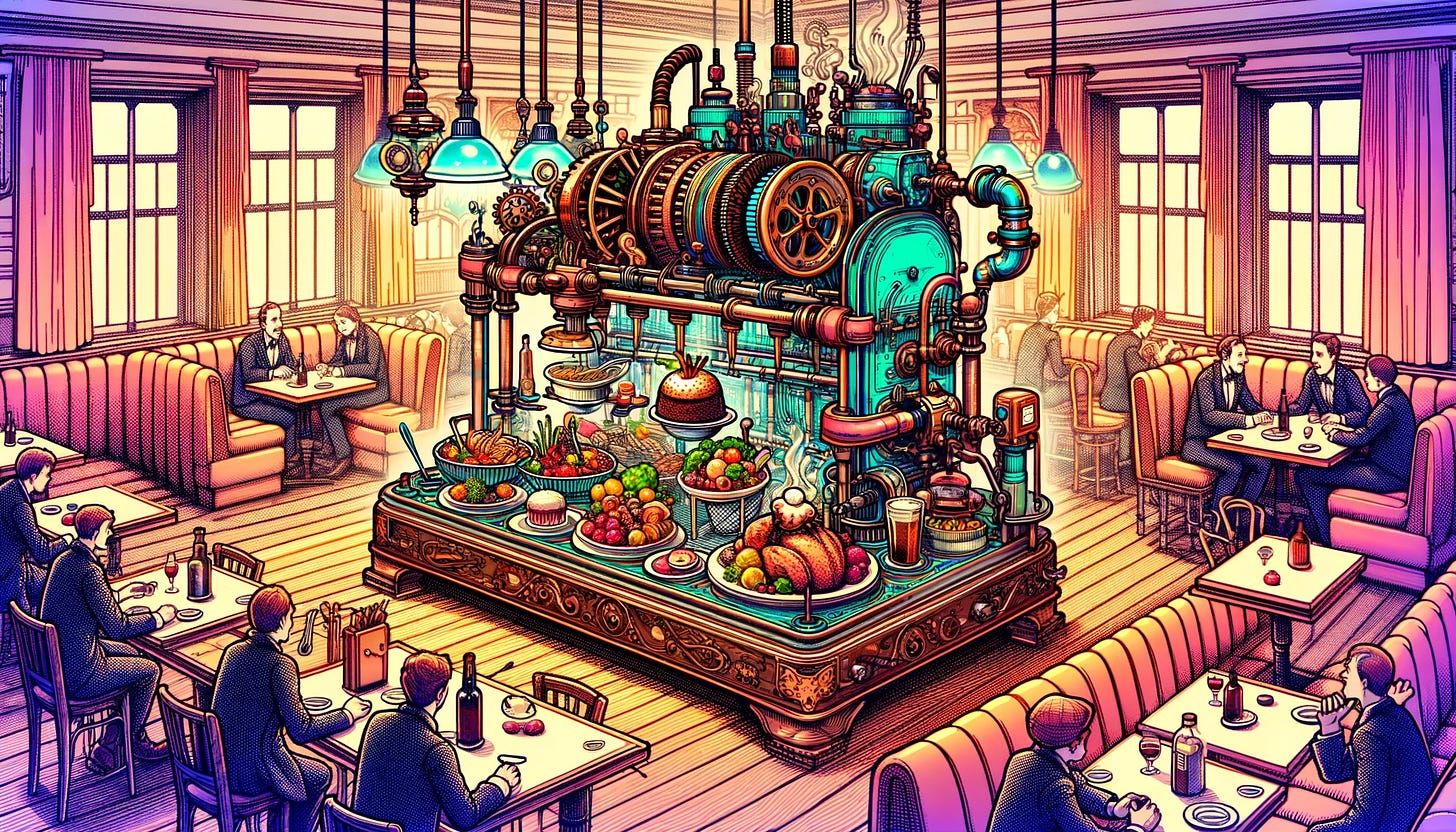 An elaborate steampunk meal-making machine, blending brass gears and mechanical arms, is vividly depicted in a cozy pub setting, surrounded by patrons. The machine is intricately creating various dishes, including a roast with vegetables, a seafood platter, gourmet pasta, and a chocolate fondant dessert, all rendered in a colorful pastel linework digital art style.