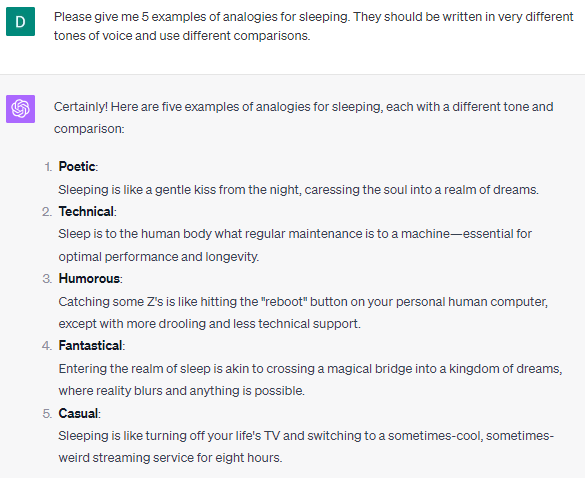 Five distinct analogies for the concept of sleeping, by ChatGPT