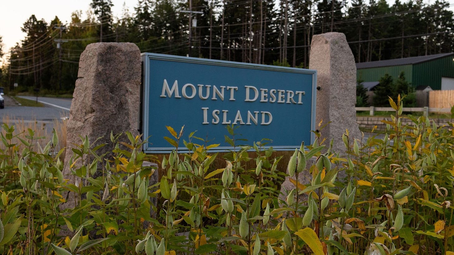 A sign welcoming individuals to Mount Desert Island.