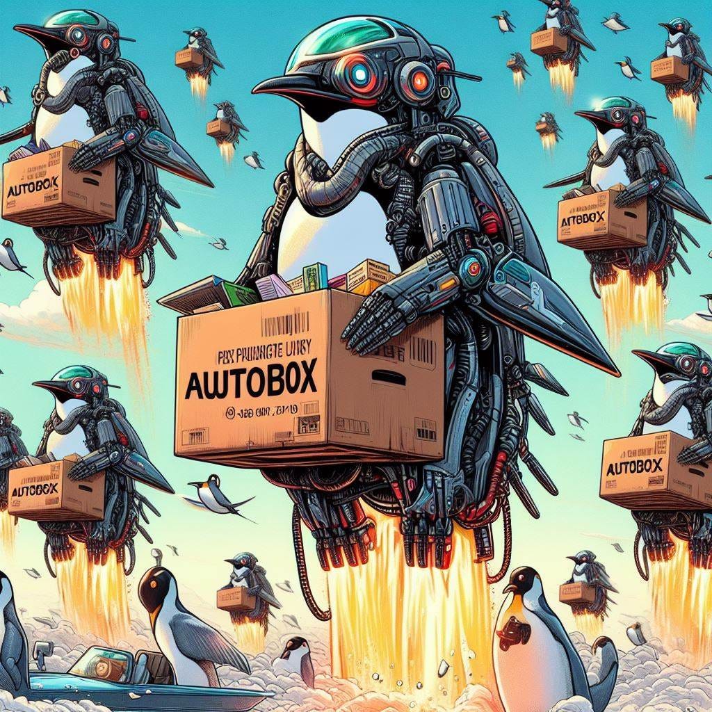 I need an image of an fleet of jetpacked cyborg penguins dropping off AUTOHOAX books.