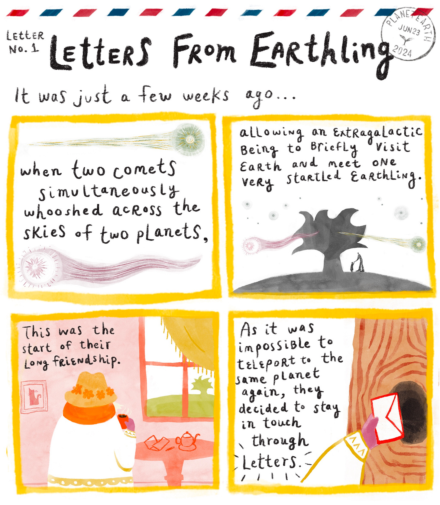 Letter No. 1 from the "Letters from Earthling" series. There are four yellow comic panels arranged in a square.