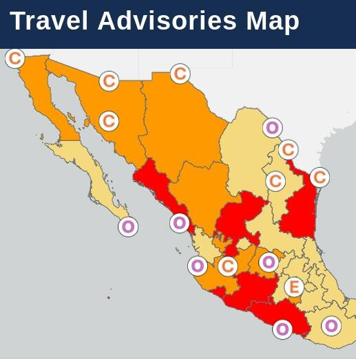 Mexico West & Gulf coasts travel advisory map