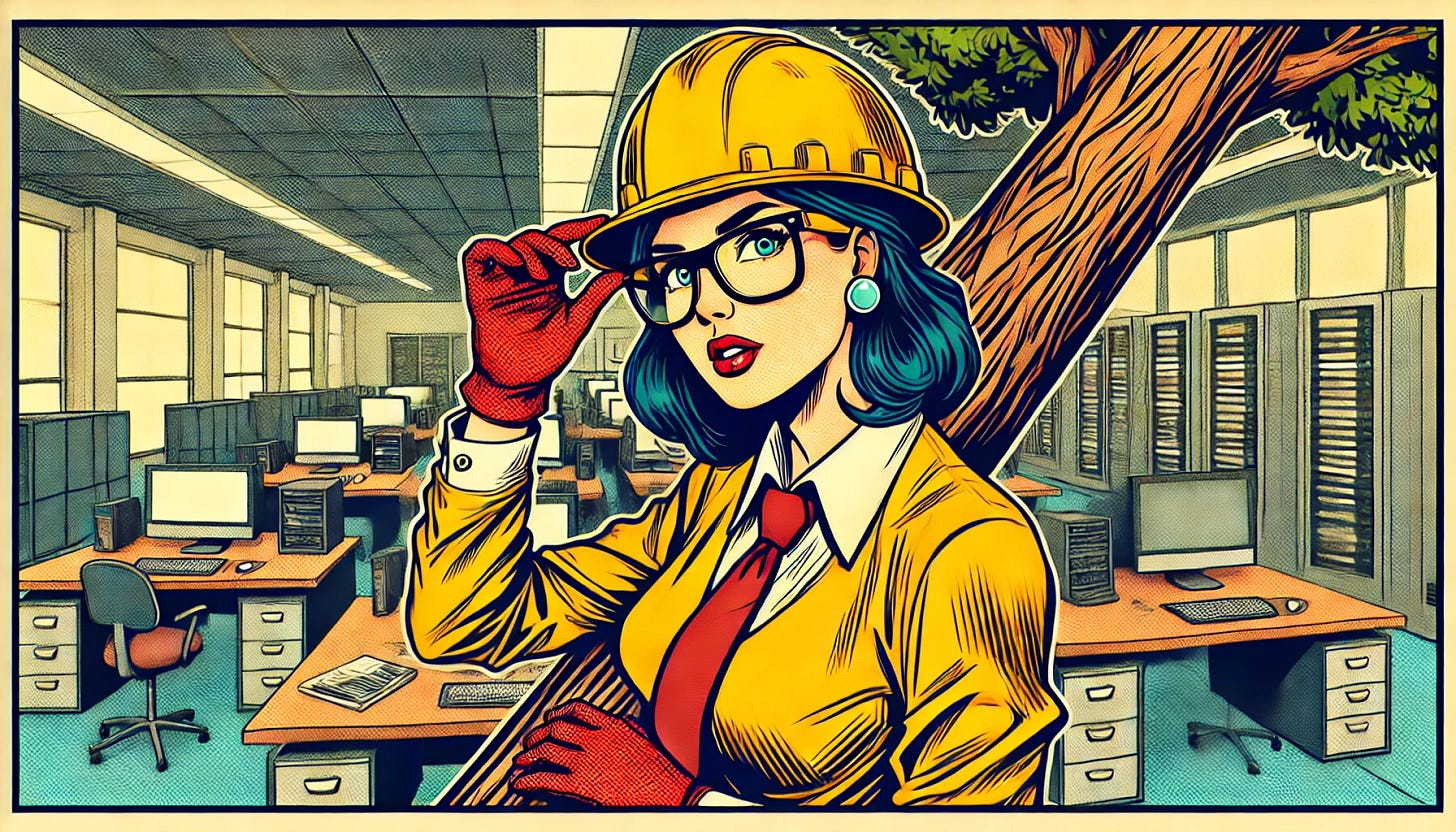 A dynamic vintage comic-style illustration of a female data engineer in an office environment. She is wearing a yellow safety helmet, with vibrant colors and bold black outlines typical of retro comics. The engineer is holding a large tree branch in one hand, extending prominently across the composition, and appearing both curious and confident. She is dressed in a professional yet casual outfit, with a background of desks, computers, and other typical office equipment. The scene is rendered with exaggerated expressions, high-contrast shading, and a warm, slightly desaturated color palette for a nostalgic feel. The 3:2 aspect ratio ensures a balanced composition.