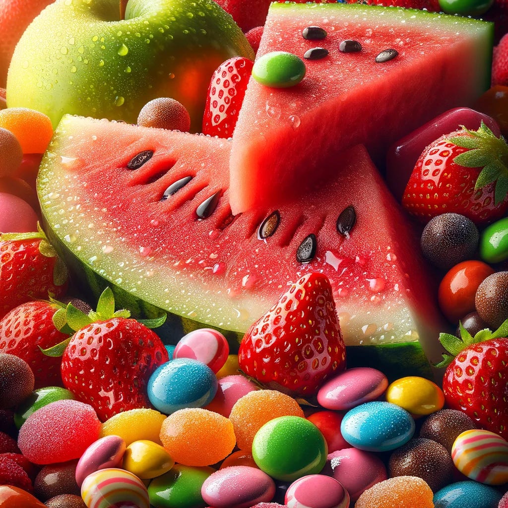 An image of glistening, sweet watermelon, strawberries, and apple slices sitting amidst a pile of colorful, sweet-looking candies. The fruits are freshly cut, with water droplets on their surfaces, making them look extra juicy and inviting. The candies are in various shapes and colors, adding a vibrant contrast to the natural tones of the fruits. The composition should be close-up, highlighting the textures of the fruits and candies, with a focus on the interplay of colors and the shiny, sugary appeal of the scene.