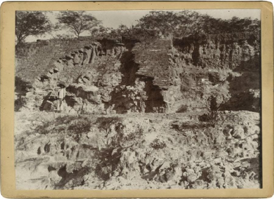 One of very few pictures of the ruins discovered by Niven at Omitlán shows a large temple platform built of small carved stone blocks (note person in the foreground for scale) Mediateca INAH One of very few pictures of the ruins discovered by Niven at Omitlán shows a large temple platform built of small carved stone blocks (note person in the foreground for scale) Mediateca INAH