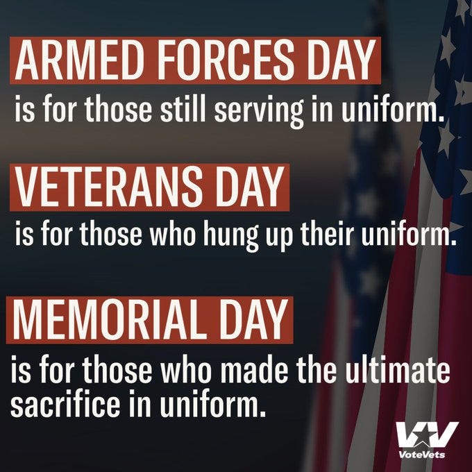 Text set over a dark background with two American flags. It reads: "Armed Forces Day is for those still serving in uniform. Veterans Day is for those who hung up their uniform. Memorial Day is for those who made the ultimate sacrifice in uniform." It also features the VoteVets logo.
