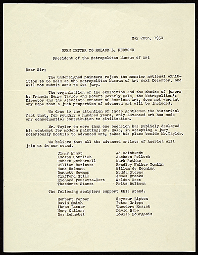 imagen de la carta abierta al director del museo donde aparece el nombre de Hedda Sterne.