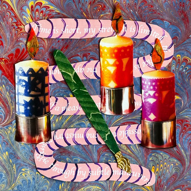 Collage image by Helen Sword depicting candles, a pen, and a worm